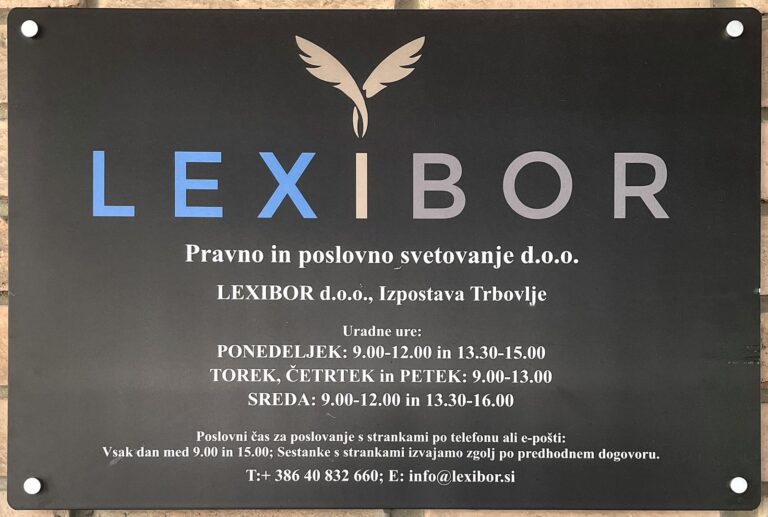 Lexibor sign with office hours at the entrance at Obrtniška cesta 14 in Trbovlje